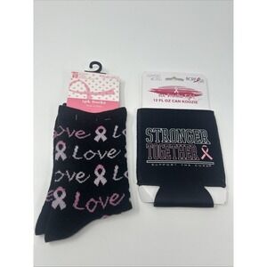 NEW Breast Cancer Awareness Socks & Koozie Support The Cure Stronger Together